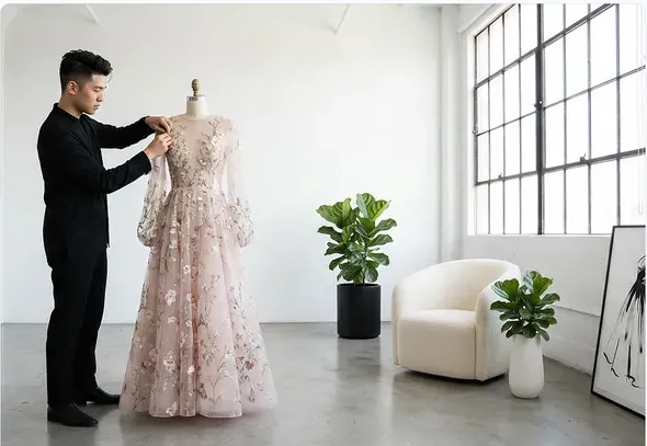 Nano Banana Pro: a floral gown on a mannequin in a white studio